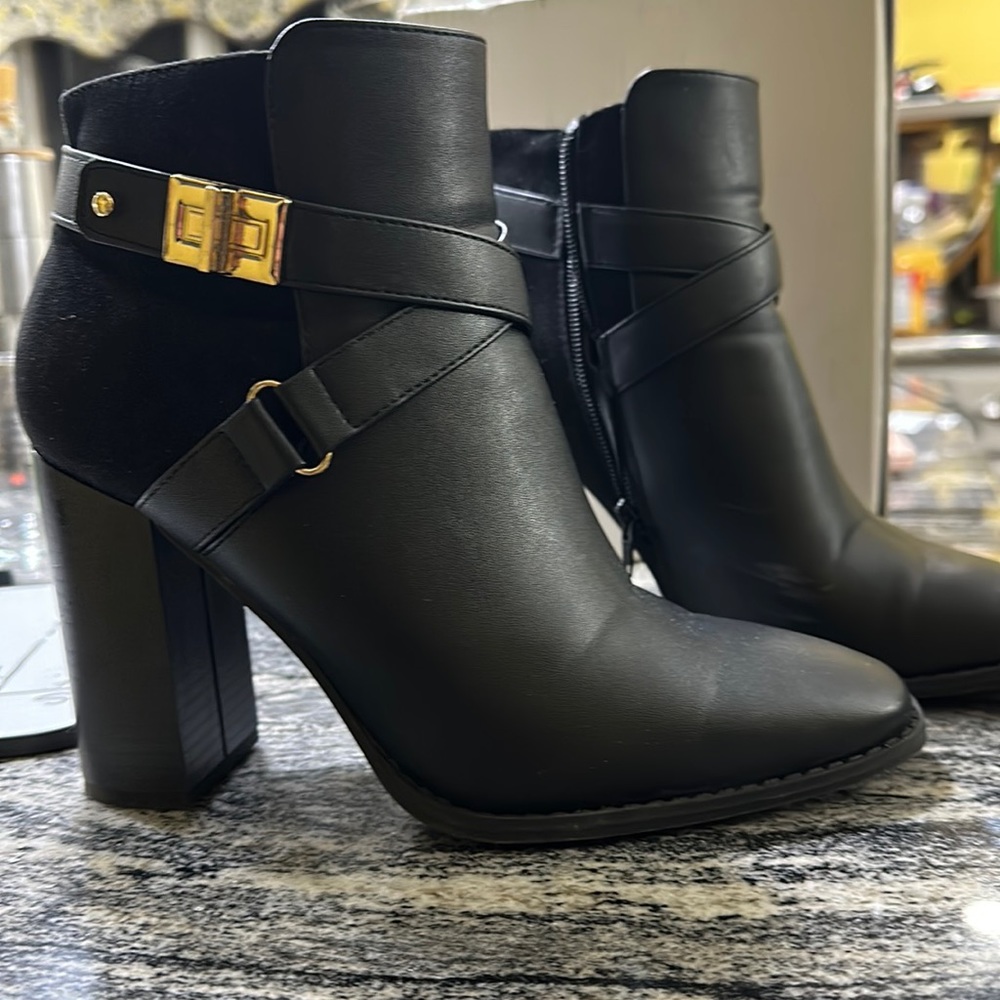 Black with gold buckle booties